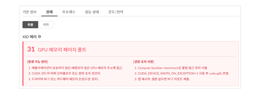 GPU 상세 정보와 장애 진단 지표 모니터링 화면