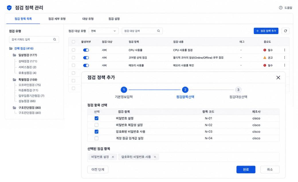 WatchAll PMA의 정부 기준 기반 점검 항목 관리 화면