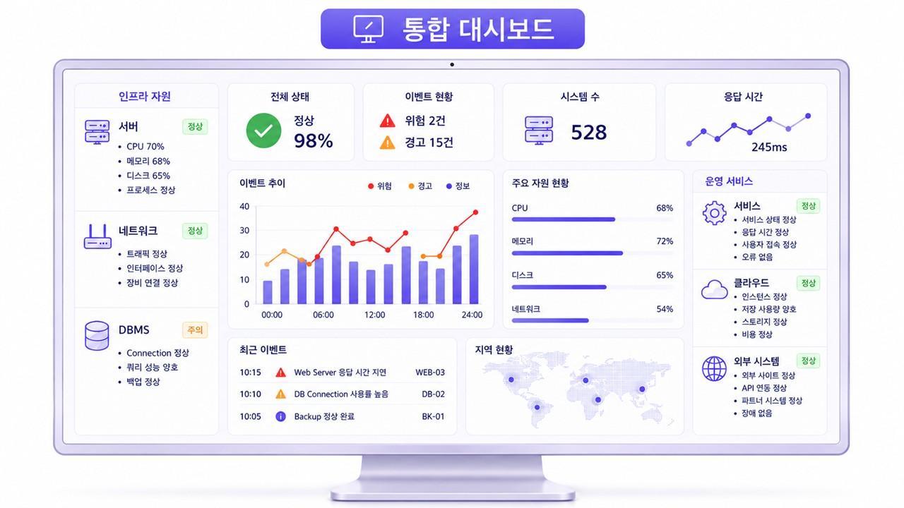 복잡한 IT 운영 환경을 하나의 화면에서 확인하는 통합 모니터링 예시 화면